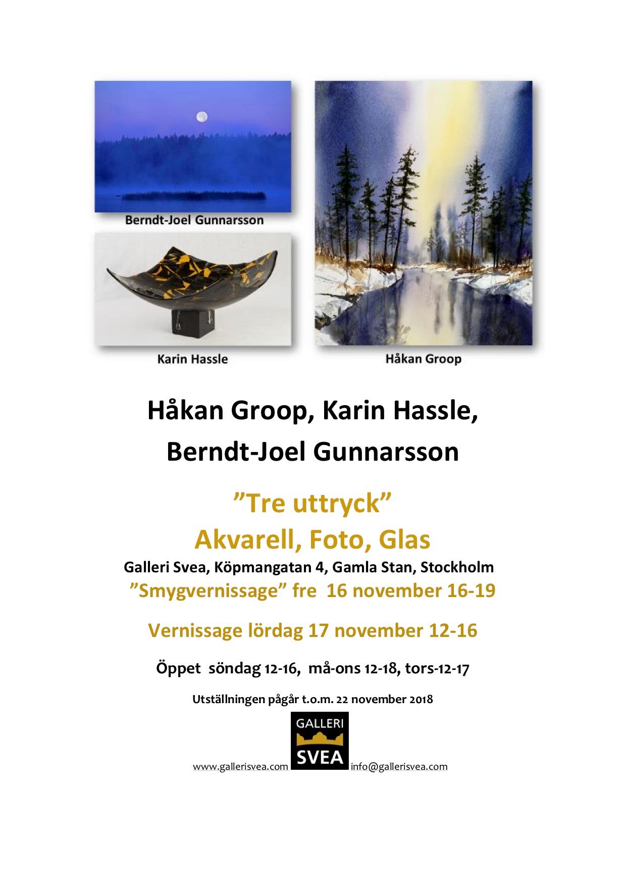 Håkan Groop, Karin Hassle, Berndt-Joel Gunnarsson "Tre uttryck" Akvarell, Foto, Glas